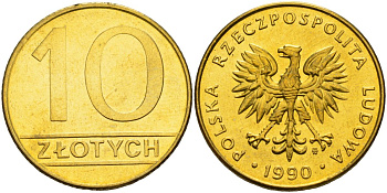 Польша 10 злотых 1990 MW, Демократическая Республика KM 152.2, Parchimowicz 244b латунь aUNC M56-14