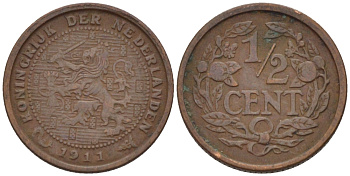 НИДЕРЛАНДЫ 1/2 ЦЕНТА 1911 ВИЛЬГЕЛЬМИНА (1890-1948) KM 138 бронза 39-158