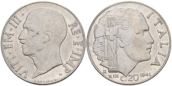 ИТАЛИЯ 20 ЧЕНТЕЗИМО 1941 R, ГОД XIX, ВИКТОР ЭММАНУИЛ III (1900-1946) KM 75b, VEM3. 1028 нержавеющая сталь 3853-747