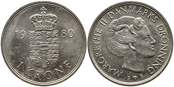 Дания 1 крона 1980 S; B, Маргрете II (1972-) KM 862.1 медно-никель 4610-946