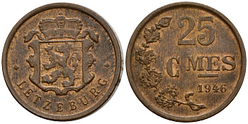 Люксембург 25 сантимов 1946 Шарлотта (1918-1964) KM 45 бронза 4115-831