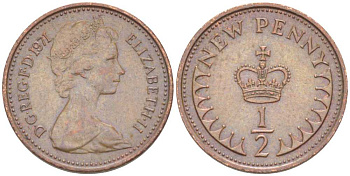 Великобритания 1/2 пенни 1971 Елизавета II (1952-2022) KM 914, Spink 4239 бронза 4387-443