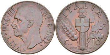 ИТАЛИЯ 10 ЧЕНТЕЗИМО 1937 R, ГОД XV, МОНДВОР РИМ, ВИКТОР ЭММАНУИЛ III (1900-1946) KM 74 медь 4525-211