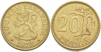 ФИНЛЯНДИЯ 20 ПЕННИ 1973 S KM 47 алюминиевая бронза 3718-1237