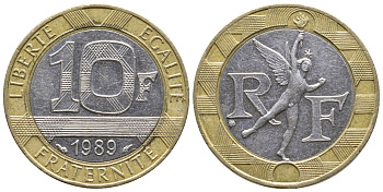 Франция 10 франков 1989 тип гений Бастилии KM 964.1, Le Franc 375.3 биметалл 93-614