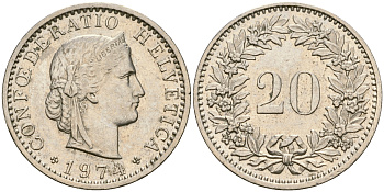 Швейцария 20 раппенов 1974 KM 29а медно-никель 4364-1422