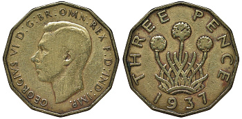 Великобритания 3 пенса 1937 Георг VI (1936-1952) KM 849, Spink 4112 никель латунь 4122-912