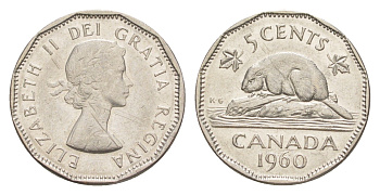 Канада 5 центов 1960 Елизавета II (1952-2022), бобр KM 50a никель 4639-437