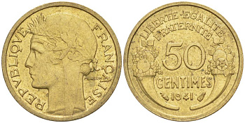 ФРАНЦИЯ 50 САНТИМОВ 1941 ТИП MORLON KM 894.1, LE FRANC 192.18 алюминиевая бронза 44-467