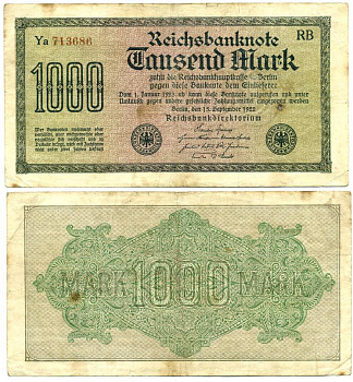 ГЕРМАНИЯ 1000 МАРОК 1922 15 СЕНТЯБРЯ 1922, ВОДЯНОЙ ЗНАК F, БЕЛАЯ БУМАГА Pick 76c бумага 7548-18-1