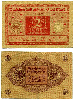 Германия 2 марки 1920 1 марта 1920, красная, серия 5 Pick 59, Розенберг 65b бумага 2195-36-1-2