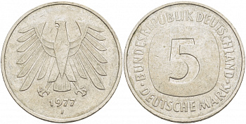 ФРГ 5 МАРОК 1977 J, KM 140.1, J 415 медно-никель плакированный никелем 59-741
