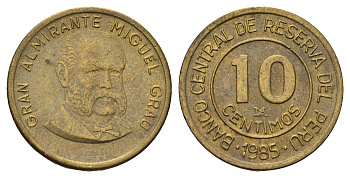 Перу 10 сентаво 1985 Мигель Грау Семинарио KM 293 латунь 4169-1223