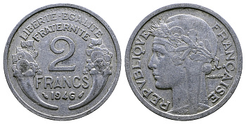 ФРАНЦИЯ 2 ФРАНКА 1946 KM 886a.1 алюминий 261-715