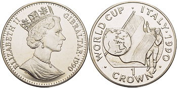 Гибралтар 1 крона 1990 чемпионат мира по футболу в Италии 1990 года, судья, флаг, глобус KM 33 медно-никель BUNC 00-00-00