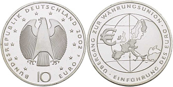 ФРГ 10 евро 2002 F, введение европейской валюты KM 215, DE.S. 10.1 серебро PROOF 1076-6-15
