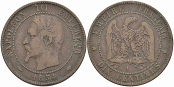 ФРАНЦИЯ 10 САНТИМОВ 1854 A, НАПОЛЕОН III (1852-1870) KM 771.1, LE FRANC 133.10 бронза 38-942