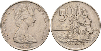 Новая Зеландия 50 центов 1975 Елизавета II (1952-2022), парусник Индевор KM 37.1 медно-никель    4599-1116