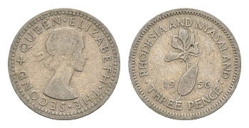 Родезия и Ньясаленд 3 пенса 1956 Елизавета II (1952-2022), цветок глориоза KM  3 медно-никель  4640-918