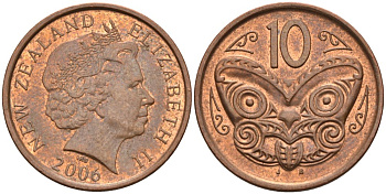 Новая Зеландия 10 центов 2006 Елизавета II (1952-2022), маска маори KM 117а сталь плакированная медью 106-1127