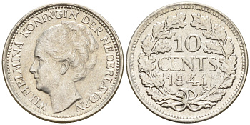 Нидерланды 10 центов 1941 Вильгельмина I (1890-1948) КМ 163 серебро  UNC  4602-528
