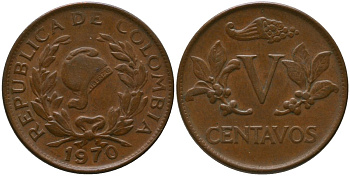 Колумбия 5 сентаво 1970 KM 206a, Schon 27a, Hernandez 384, Restrepo 372.4 сталь плакированная медью 4516-222