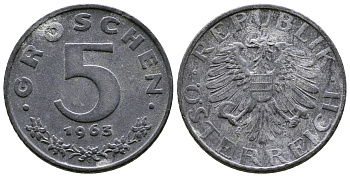 АВСТРИЯ 5 ГРОШЕЙ 1963 KM 2875 цинк 57-1327