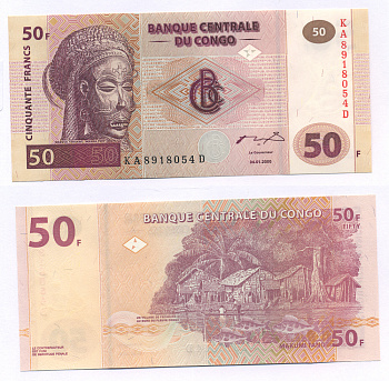 ДР Конго 50 франков 2000 маска, рыбаки, серия КА-D Pick 91 бумага UNC (пресс) 7220-33-2