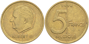 БЕЛЬГИЯ 5 ФРАНКОВ 1994 BELGIQUE, АЛЬБЕРТ II (1993-) KM 189 алюминиевая бронза 106-611