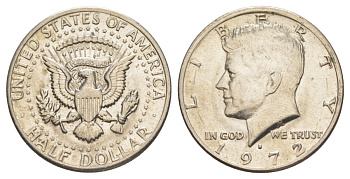США 1/2 доллара (50 центов) 1972 D, Джон Кеннеди KM 202b медь плакированная медно-никелем aUNC 189-544