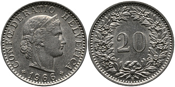 ШВЕЙЦАРИЯ 20 РАППЕНОВ 1966 В KM 29a медно-никель 33-256