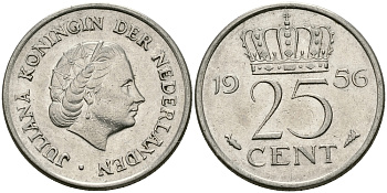 НИДЕРЛАНДЫ 25 ЦЕНТОВ 1956 ЮЛИАНА KM 183 никель 96-134