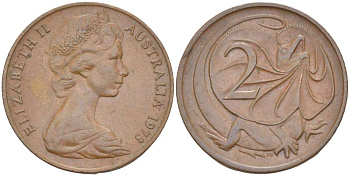 АВСТРАЛИЯ 2 ЦЕНТА 1973 ЕЛИЗАВЕТА II (1953-), ЕЛИЗАВЕТА II, МОЛОДОЙ ПОРТРЕТ, ПЛАЩЕНОСНАЯ ЯЩЕРИЦА (FRILLED LIZARD) KM 63 бронза 4519-442
