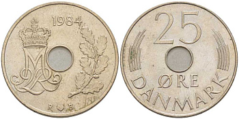 ДАНИЯ 25 ЭРЕ 1984 R; B, МАРГРЕТЕ II (1972-) KM 861.3 медно-никель 94-927
