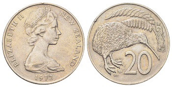 Новая Зеландия 20 центов 1972 Елизавета II (1952-2022), птичка киви KM 36 медно-никель 4699-1114