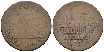 Брауншвейг-Вольфенбюттель 1 1/2 пфеннига 1767 KM 925, Welter 2782 медь 259-1126