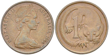 АВСТРАЛИЯ 1 ЦЕНТ 1966 ЕЛИЗАВЕТА II (1952-) МОЛОДОЙ ПОРТРЕТ, ОПОССУМ KM 62 бронза 4516-623
