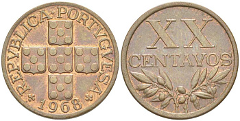 ПОРТУГАЛИЯ 20 СЕНТАВО 1968 KM 584 бронза XF 4513-1244