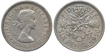Великобритания 6 пенсов 1956 Елизавета II (1952-2022) KM 903, Spink 4149 медно-никель 4122-615