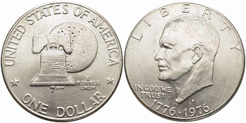 США 1 доллар 1976 D, 200 лет независимости, Президент Эйзенхауэр, колокол, тип II KM 206 медь плакированная медно-никелем 00-00