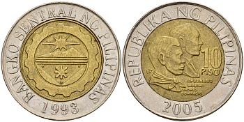 Филиппины 10 песо 2005 Аполинарио Мабини и Андрес Бонифасио KM 278 биметалл    4161-1145
