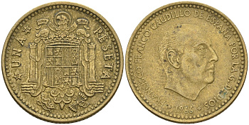 Испания 1 песета 1966 (70) Франсиско Франко (1939-1975) KM 796 алюминиевая бронза 4604-353