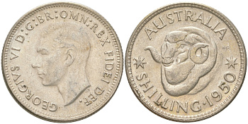 Австралия 1 шиллинг 1950 M, Георг VI (1936-1952), овца меринос KM 46 серебро 4622-136