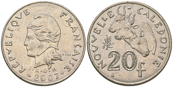 Французская Новая Каледония 20 франков 2007 три быка, (IEOM) KM 12a, Schoen 14a медно-никель 4131-931