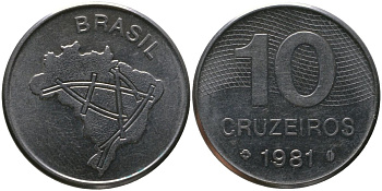 Бразилия 10 крузейро 1981 KM 592.1, Schon 101 нержавеющая сталь aUNC 4514-1015