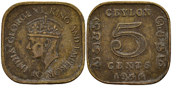 Цейлон 5 центов 1944 Георг VI (1937 - 1952) KM 113.2 никель латунь 4156-342