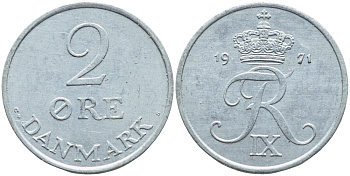 Дания 2 эре 1971 C; S, Фредерик IX (1947-1972) KM 840.2 цинк 37-827