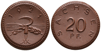 Саксония 20 пфеннигов 1921 колосья и серп J. N 53 фарфор UNC 1094-8-83