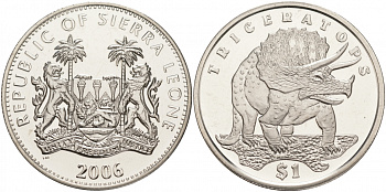 Сьерра-Леоне 1 доллар 2006 серия динозавры, трицератопс KM 310 медно-никель UNC M20-20