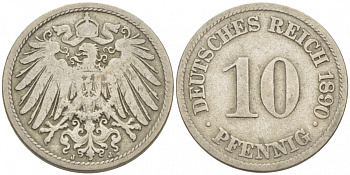 ГЕРМАНИЯ 10 ПФЕННИГОВ 1890 А KM 12, J. 13 медно-никель 175-1057